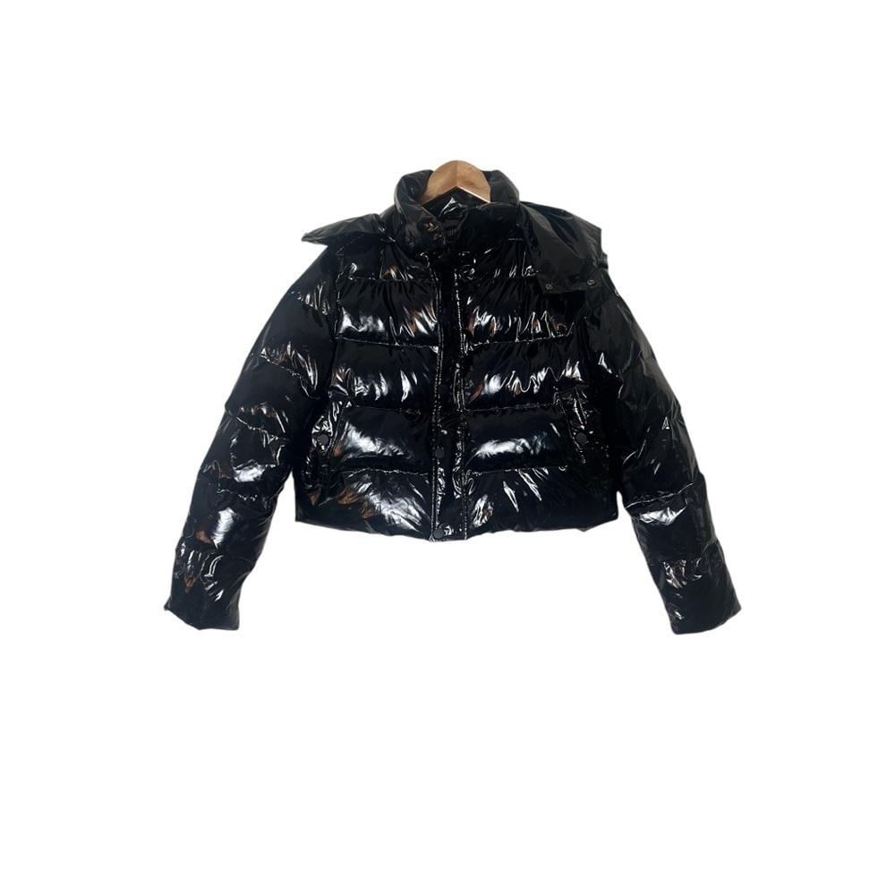 Current Mood Black Patent Crop Hooded Puffer Jacket Coat M 1233